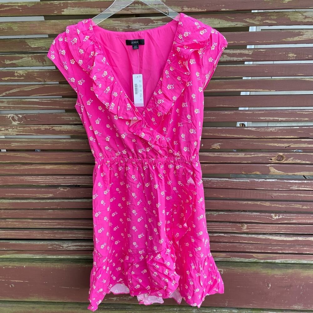 J. Crew Dress V-Neck Ruffle Mini Floral Faux Wrap Cap Sleeve Pink Size 00 NWT